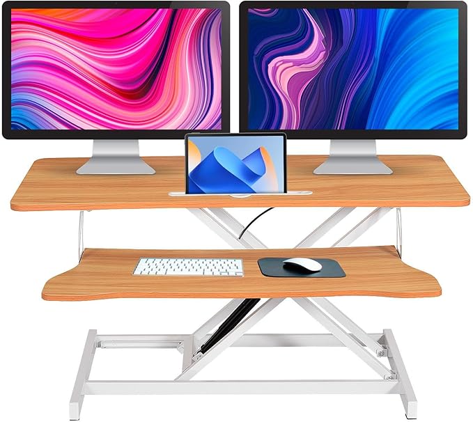 38-Inch Height Adjustable Standing Desk Converter Duals Monitor &amp Laptop Riser with Wide Keyboard Tray Sit to Stand Ergonomic Workstation for Home Office School Business Log Color