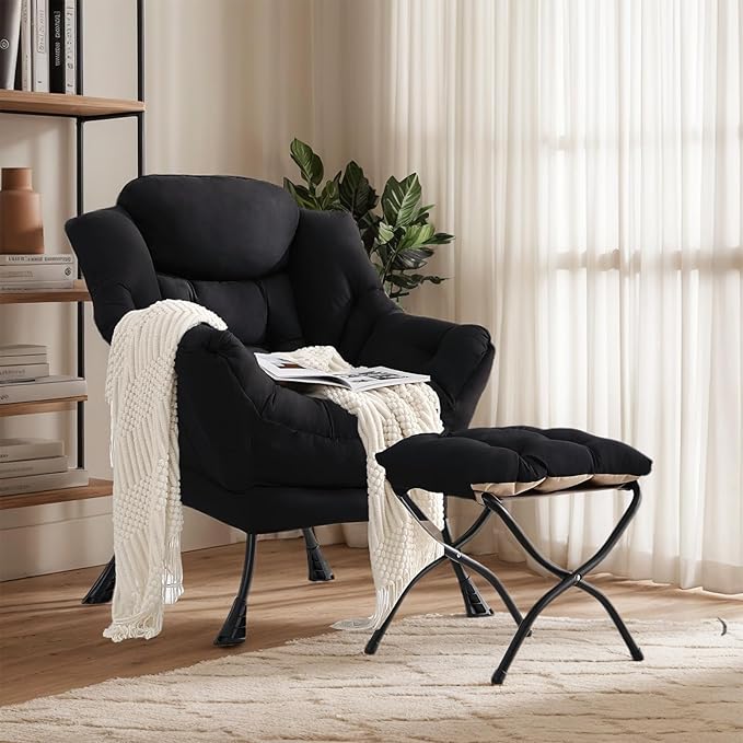 Lazy Chair with Ottoman Large Black Accent Chair with Ottoman Comfy Reading Armchair Leisure Sofa Chair for Living Room Bedroom Dorm Room Office