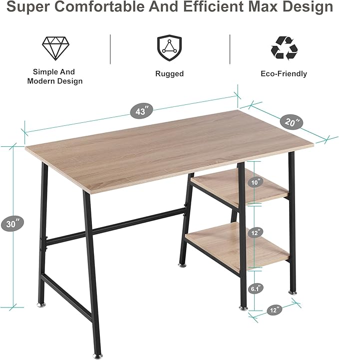 VECELO 43 Inch Writing Desk Home Office Home Office Study Tables with 2 Tier Storage Shelves Eiton Left or Right Side Simple Industrial Style with Adjustable Feet and Water Proof Surface Oak Desk