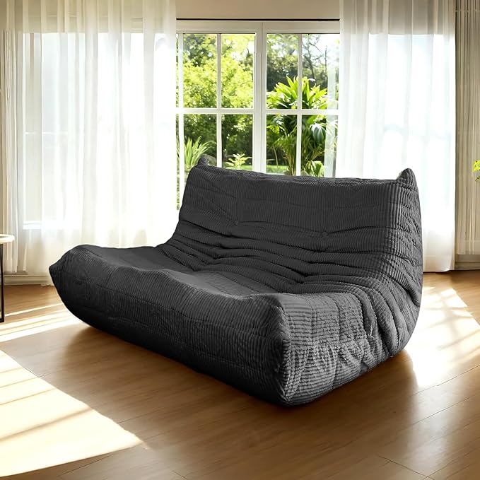 Fireside Loveseat Mid-Century Armless Sofa — Twin-Size Floor Lounger in Soft Premium Corduroy Foam-Filled Accent Chair for Living Room or Bedroom (Black Two Seater)