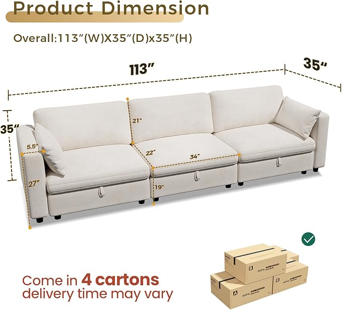 KKL Modular Sectional Sofa Couches for Living Room 113 Sofa Couch with Adjustable Backrest 3 Seater Sofa Couch with Comfy Cushion Chenille Beige