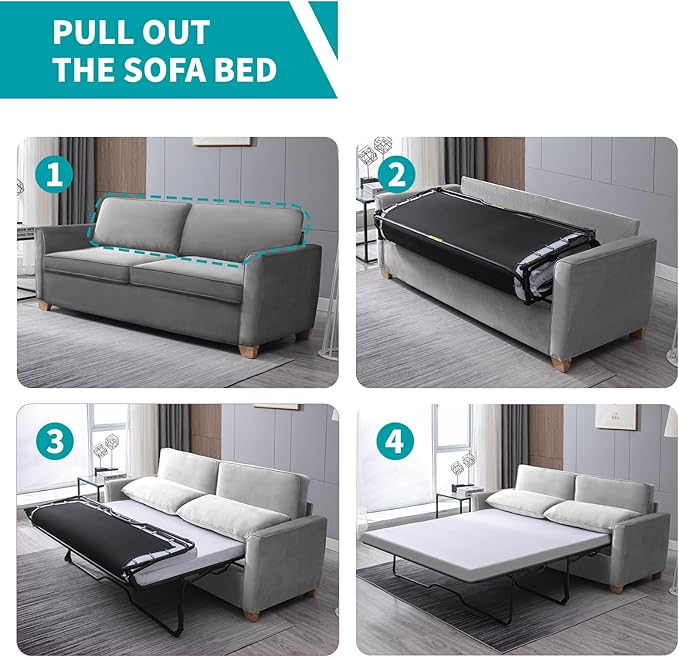 BALUS Full Pull Out Sofa Bed 71 Width 2-in-1 Velvet Loveseat Sleeper Sofa Pullout Couch Bed with Memory Foam Pillows and Mattress for Living Room Furniture Office Apartment Small Space Light Grey