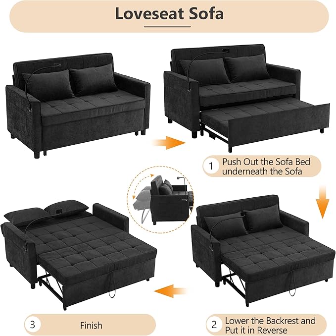Zateety 3-in-1 Loveseat Sofa Bed Adjustable Backrest 56.9 Pull Out Sofa Bed Soft Chenille Sofa Couch with Large Pockets and Lumbar Pillows Sleeper Couch for Small Space