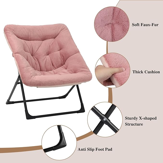 Comfy Saucer Chair for Adults Soft Faux Fur Bedroom Chair Accent Dorm Chairs Flexible Living Room Reading Chairs Oversized Folding Seat for Teens X-Large Dusky Pink