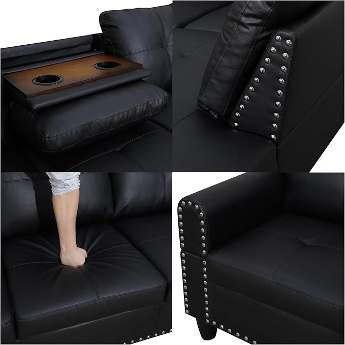 Sectional Couches for Living Room Convertible 4 Seat Modular Sectional Sofa Set for Living Room L Shaped Couch or U Shaped Couch with Storage Ottoman for Apartment Leather Black