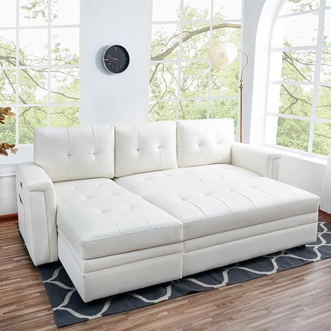 Naomi Home L-Shaped Sectional Sleeper Sofa with USB Ports - Convertible Pull-Out Bed Ample Storage Timeless Design Durable Construction White/Air Leather