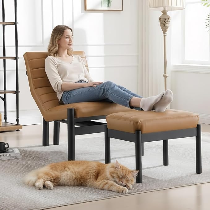 CIMOTA Upholstered PU Leather Accent Chair and Ottoman Set Modern Living Room Chair with Reclining Backrest and Footstool Small Reading Chairs for Living Room Bedroom Brown