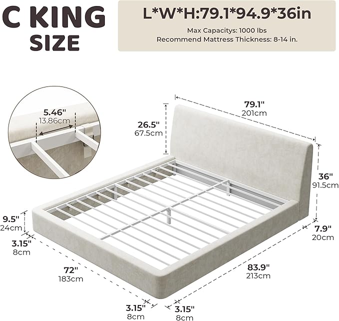 RECCI AirFrame California King Bed Frame with Ergonomic Angled Foam Cushioned Headboard Minimalist Design Platform Bed Frame No Box Spring Needed Easy Assembly (Beige Chenille)