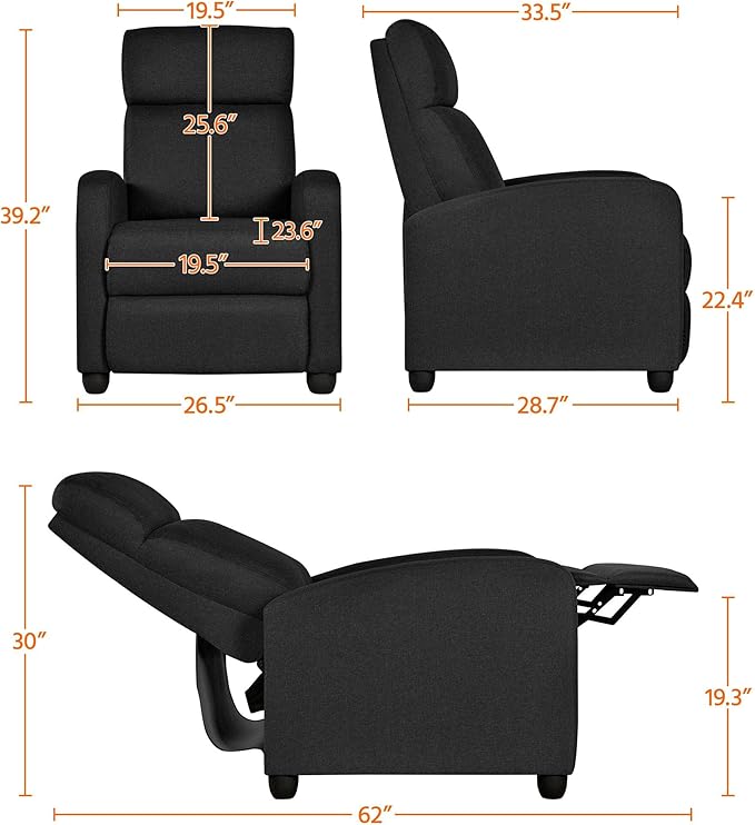 Yaheetech Home Theater Seating Fabric Recliner Chair Modern Single Living Room Reclining Sofa with Pocket Spring Black
