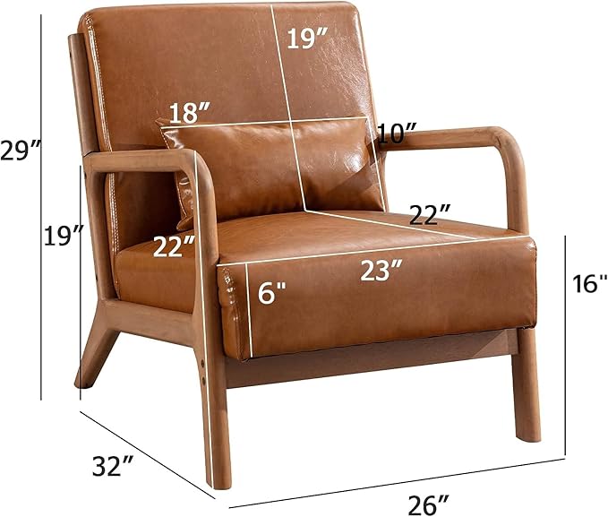 ANJ Mid Century Modern Accent Chair PU Leather Reading Chair with Solid Wood Frame Easy Assembly Armchair for Living Room