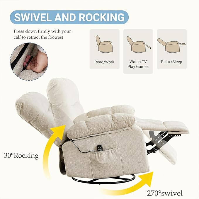 Rocker Swivel Recliner Chair for Adults Single Reclining Sofa Chair with Heated and Full Body Massage Lounge Recliner Glider for Small Living Room Bedroom Beige