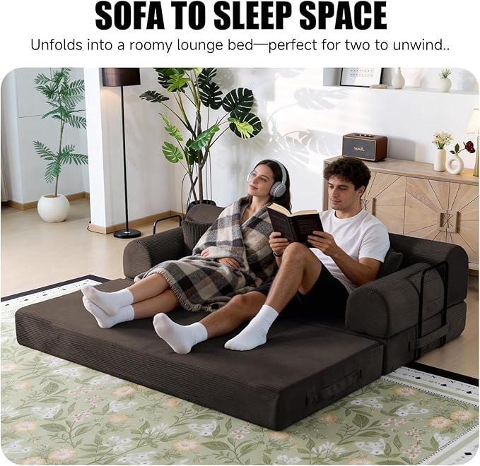 78.8 Boneless Memory Foam Couch Corduroy Convertible Floor Sofa Bed Fold-Out Sleeper Futon Loveseat Wide Armrests &amp Supportive Back 1200 lb Couch in a Box 2 Pillows Brown