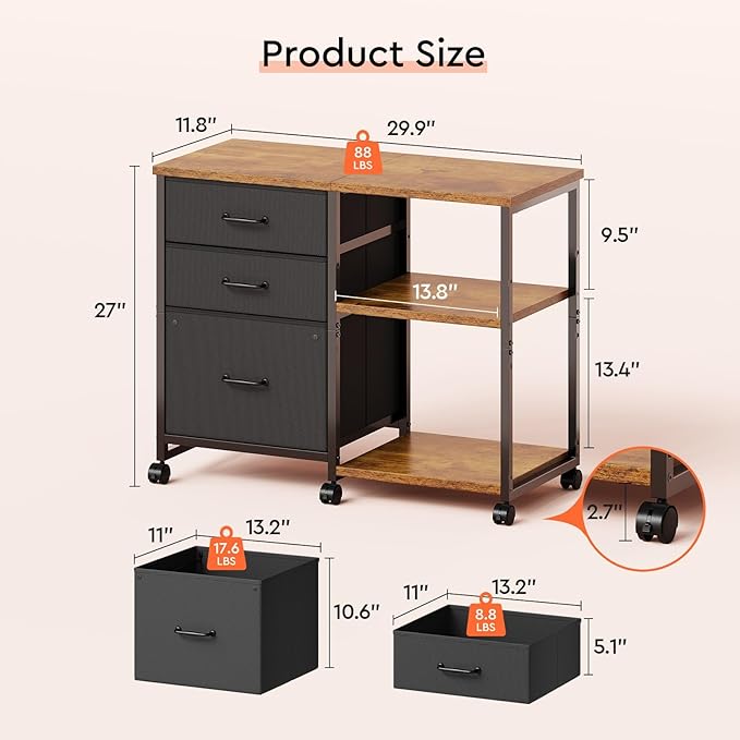 3 Drawer File Cabinet with Wheels Rolling Printer Stand with Open Storage Shelf Fabric Lateral Filing Cabinet for Home OfficeRustic Brown