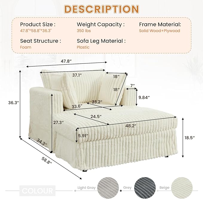 KINFFICT Oversized Chaise Longue IndoorComfy Upholstered Tufted Corduroy Single Sofa Couch Leisure Chair with 3 PillowDeep Seat Reclining Sleeper Sofa Chair for Living RoomBedroomOffice (Beige)