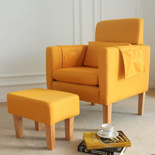 TAKUKA Modern Accent Chair with Ottoman SetComfy Fabric Armchair with Footrest Upholstered Chair with Side Pocket Soft Reading Lounge Chair for Living RoomBedroomOffice(Yellow)