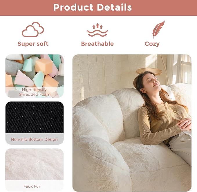 MAXYOYO Bean Bag Chair for Adults Loveseat Floral Shaped Bean Bag Sofa Ultra Soft Love Seat Mini Sofa Couch Faux Fur Reading Chair for Living Room Bedroom Beige
