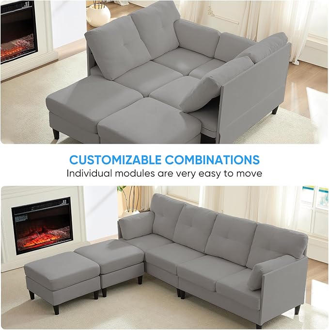 PUREMIND Sectional Home Sofa Living Room Modern U-Shaped Sofa Couches with Double Chaise Upholstered 4 Seater Sofa for Living Room Apartment Light Grey