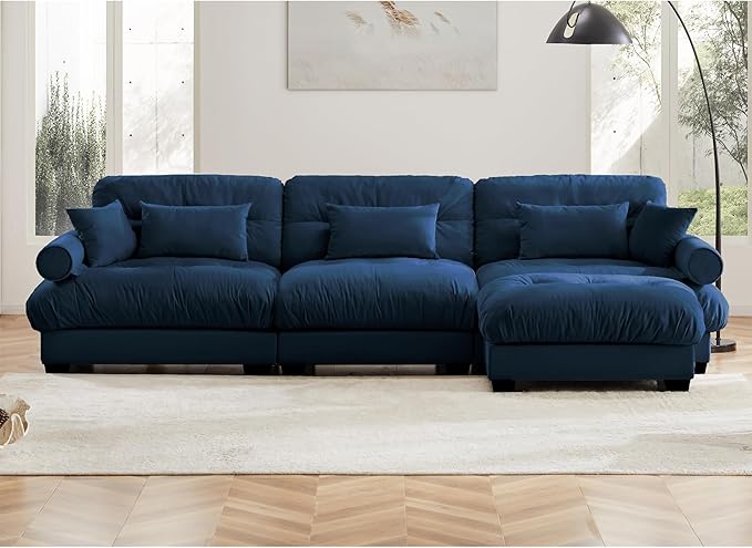 Oversized Velvet Sectional Sofa with Movable Ottoman Deep Seat Cloud Couch for Living Room - Blue