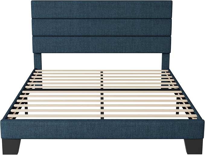Allewie Queen Size Platform Bed Frame with Fabric Upholstered Headboard and Wooden Slats Support Fully Upholstered Mattress Foundation/No Box Spring Needed/Easy Assembly Navy Blue