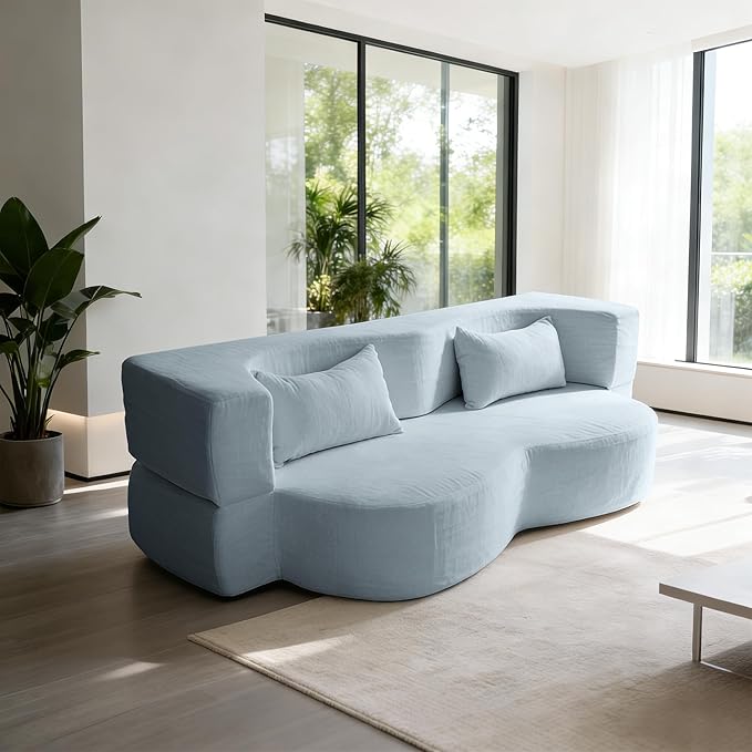 78.35 Modern 2-in-1 Convertible Curved Loveseat Sofa Bed Floor Love Seat Couch Teddy Fabric Memory Foam Cloud Couch with 2 Pillows No Assembly for Living Room Apartment Small Space (Blue)