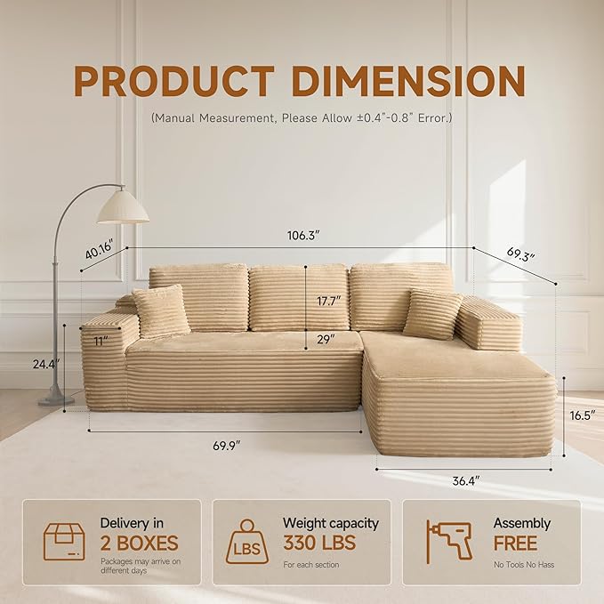 106″ Modular Sectional Sofa L-Shaped Chaise Lounge Cloud Couch with Deep Seat Convertible Boneless Sectional Couches for Living Room No Assembly Required Beige Plush Corduroy