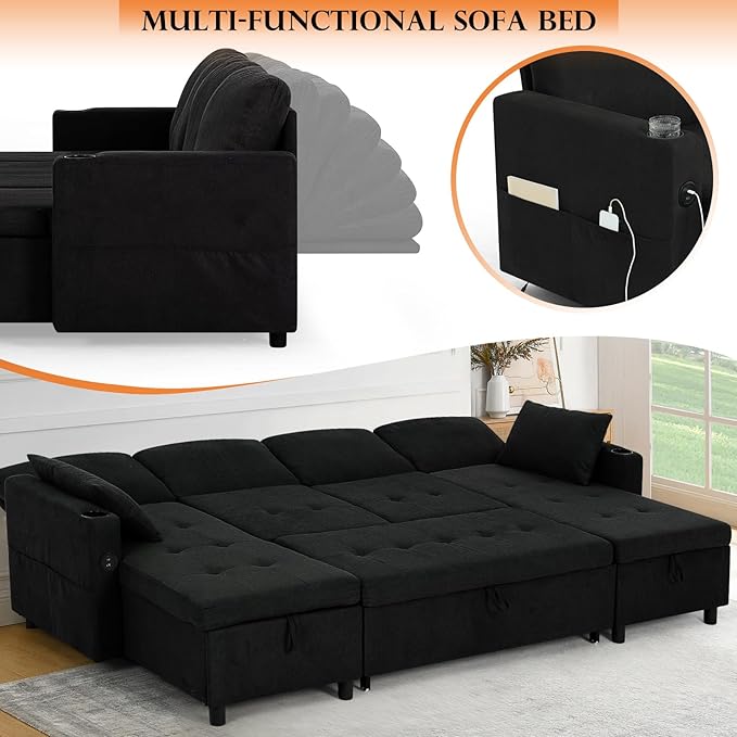 110 Inch Sleeper Sofa Bed w/7 Angles Adjustable Backrests Fabric sectional Sofa Bed w/USB Port Convertible U-Shaped Couch Bed w/Storage Chaise &amp Thicker Cushions for Living Room Black