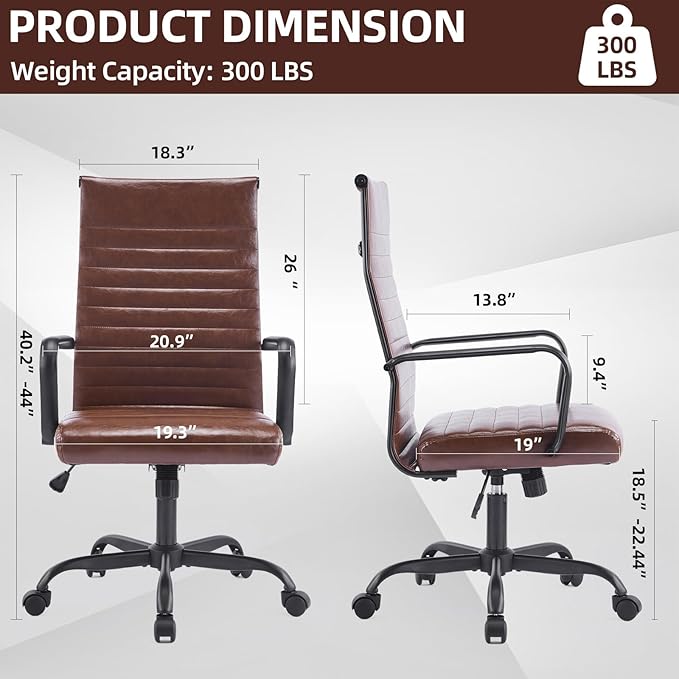 Office Chair Ergonomic Executive Conference Room Chairs Ribbed Leather Desk Chair with Lumbar Support Adjustable Height Mid-Back Swivel Chair with Padded Seat
