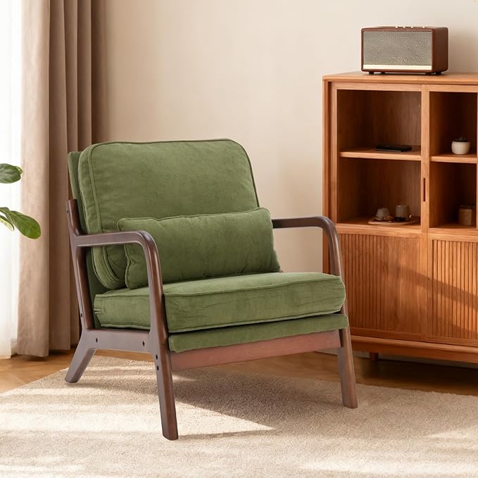 DUMOS Mid Century Modern Chair Set of 2 Accent Chair with Arms and Waist Cushion Reading Chairs for Adults Lounge Chair for Living Room and Bedroom Solid Wooden Frame Dark Green