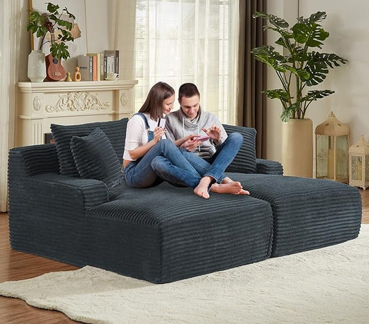 Oversized Double Chaise Lounge Chair IndoorWide Corduroy Boneless Chaise Lounges Sofa Comfy Upholstered Cloud Couch No Assembly Required Loveseat Sleeper Chair Bed for Living Room(Dark Grey)