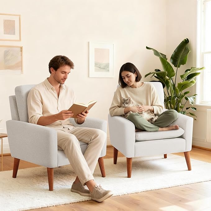 Furmax Accent Chair Mid-Century Modern Upholstered Armchair Comfy Reading Sofa Chair for Living Room Bedroom Apartment White