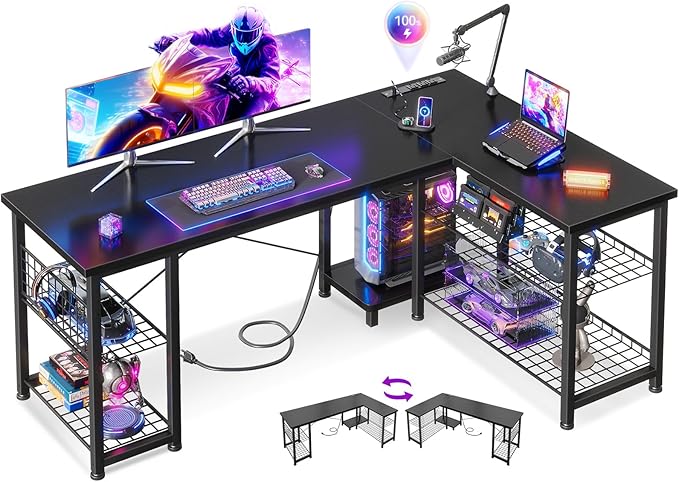 Casaottima 51 Inch L Shaped Gaming Desk with Shelves &amp Power Outlets Reversible Computer Desk with Storage Shelves for Home Office Black