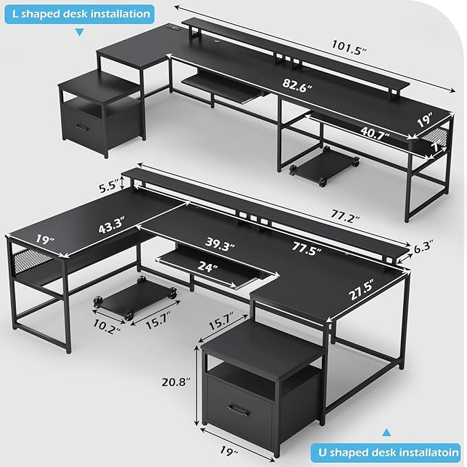 SEDETA U Shaped Desk Reversible L Shaped Home Office Desk with File Drawer &amp Power Outlet 101.5'' Computer Two Person Desk with Monitor Shelf Keyboard Tray Gaming Desk Black