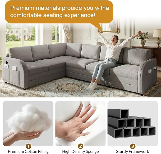 115.2 L Shaped Couch Bed Sectional Couches for Living Room Teddy Fabric Sleeper Sofa Bed with Pull Out Couch Convertible Sectional Couch with Charging Station &amp Side Pocket Light Grey