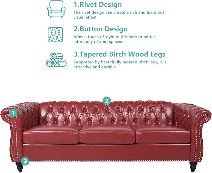 Chesterfield 3 Seater Sofa Modern Leather Tufted Couch 3 Seater with Rolled Arms and Nailhead Mid-Century Upholstered Couch for Living Room Bedroom Apartment and Office Claret