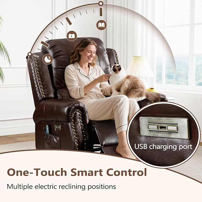 ANJ Large Power Recliner Chair with Heat and Massage Faux Leather Electric Overstuffed Wide Recliners for Living Room Classic Single Seat Sofa with Brass Rivets USB Port (Brown)