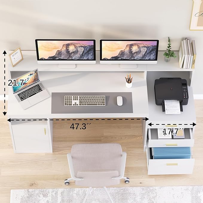 Computer Desk with 3 Drawer &amp Storage Shelves Home Office Desk with File Drawer &amp Cabinet Writing Study Table with Long Monitor Stand &amp Printer Shelf Executive Desk White