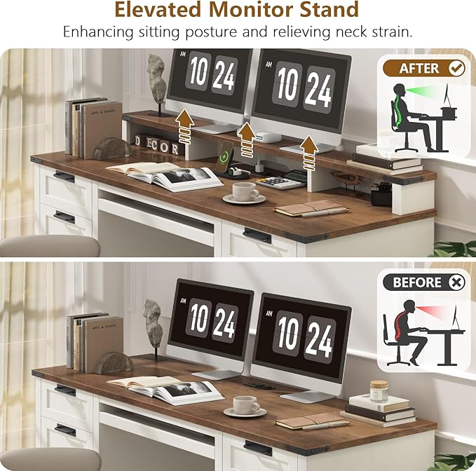 60 Farmhouse Executive Desk with 8 Drawers Wood Computer Desk with Keyboard Tray and Charging Station Home Office Desk Writing with File Drawer Fits A4 Size for Work and Study White and Brown