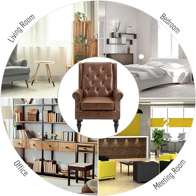 Mid-Century Wingback Chair PU Leather Accent Chair Armchair with ButtonsModern Living Room Chairs with Rivet DecorationLeisure Single Sofa Chair for BedroomClubHome Reception (PU Brown)