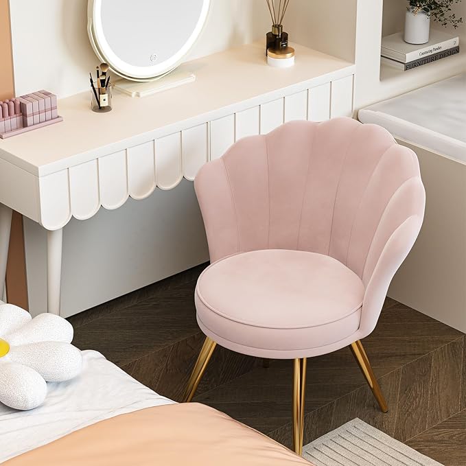 Velvet Accent Chair with Gold Metal Legs Vanity Chair for Makeup Room Upholstered Guest Chair for Living Room for Bedroom Light Pink
