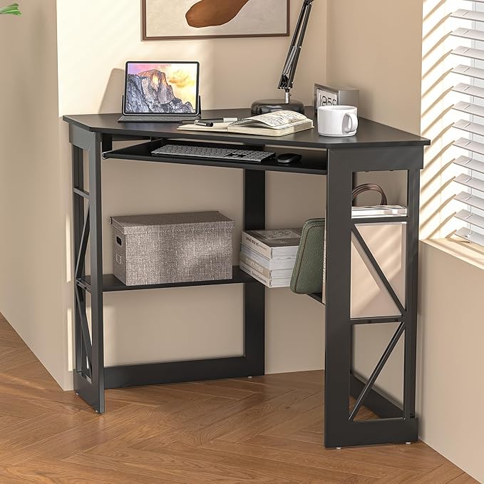 VECELO Corner Desk Computer Desk Writing Table with Smooth Keyboard Tray &amp Storage ShelvesCompact Home Office Triangle TableBlack