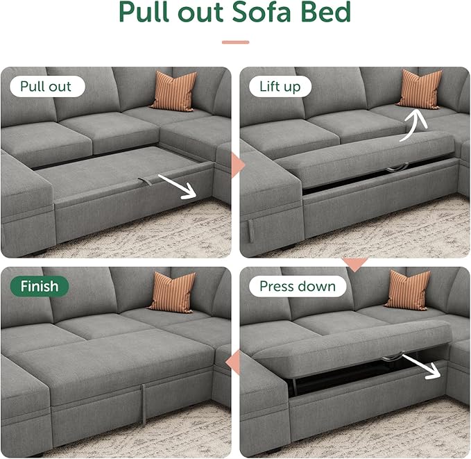 HONBAY Modular Sectional Sleeper Sofa Bed Chenille Pull Out Couch with Storage Ottoman U Shaped Sectional Couches for Living Room Warm Grey
