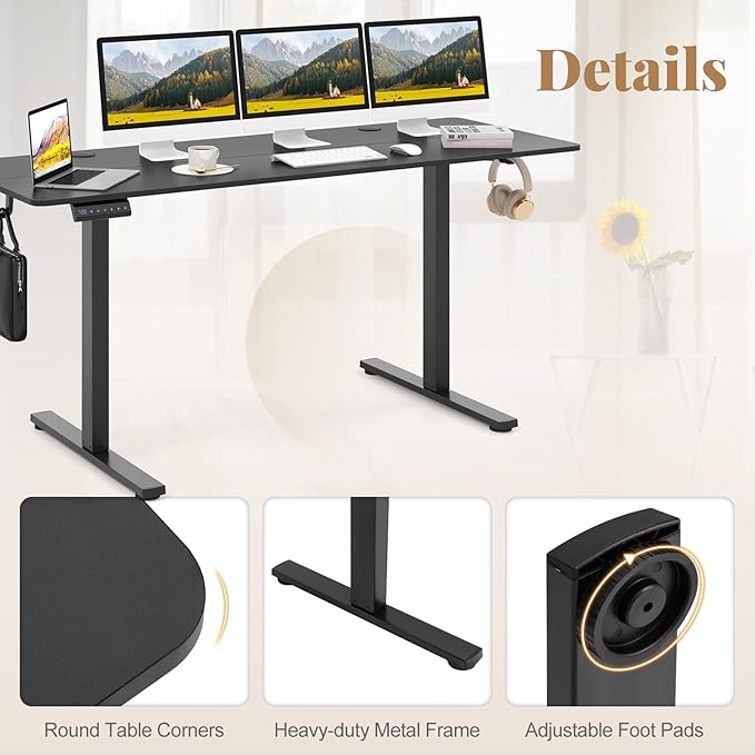 Giantex 63 x 24 Electric Standing Desk with Adjustable Height Stand up Computer Workstation with Cable Hole Hook Modern Gaming Table Ergonomic Sit Stand Desks for Home Office (Black)