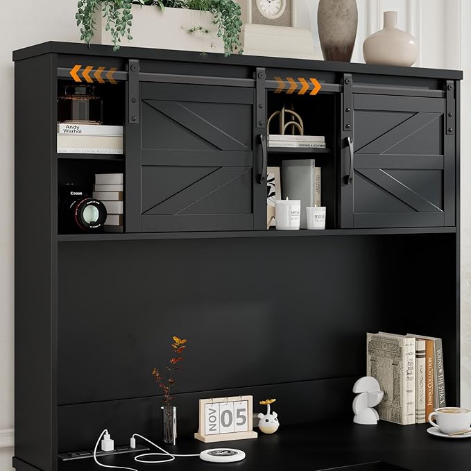 Vabches Farmhouse 68 H L Shaped Desk with HutchOffice Table with 3 Drawers and Sliding Doors Executive Desk with File Drawers and Charging Station Wood Workstation for Home Office and Study