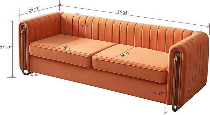 KEIKI 84 Velvet Deep Channel Tufted Sofa with Back Cushions and Rolled Arms Modern Style 3-Seater Couch with Golden Polished Steel Legs Easy Assembly for Living Room Bedroom Office Orange