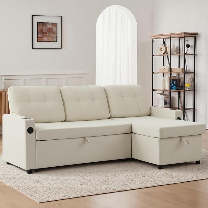 82 Pull Out Sofa BedL-Shape Modern Sleeper Sofa Upholstered Sectional Couch with USB Port and Side Pockets for Living Room and Guest Room (Beige)