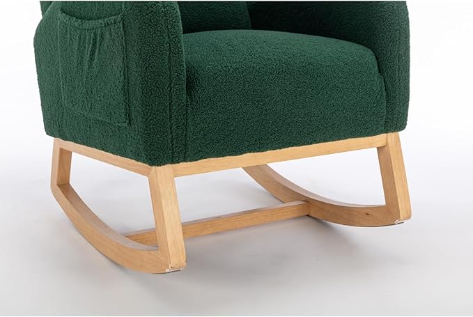 Green Teddy Fabric Rocking Chair with Wooden Legs Comfortable Armchair for Living Room Bedroom Lounging