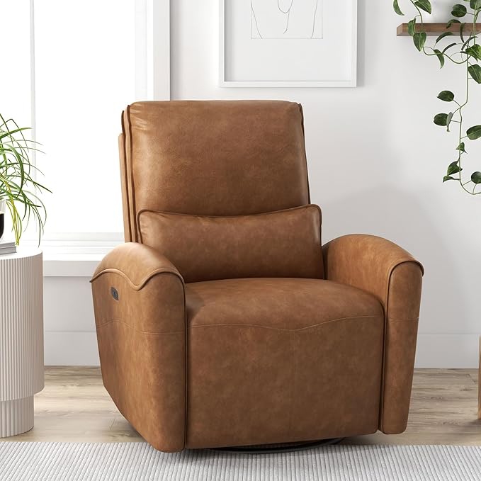 Bonzy Home Power Swivel Rocker Recliner Chair with USB Port 23.2 Wide Seat Fixed Lumbar Support Upholstered Glider Chair for Nursery Living Room Brown
