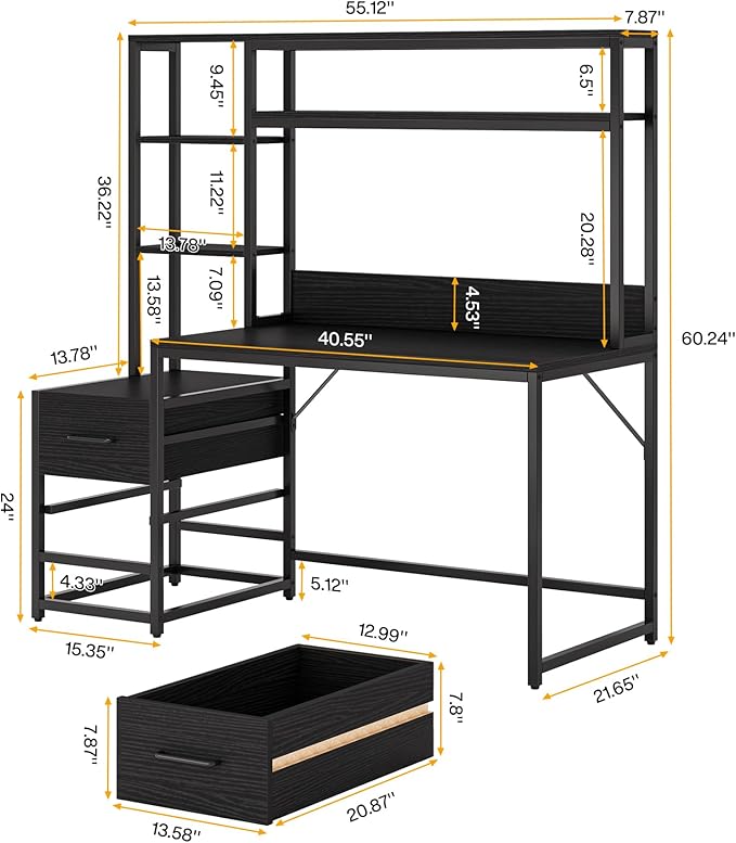 Tribesigns 55 Inch Computer Desk with 2 Drawers and Storage Shelves Rustic Office Desk with Hutch Study Writing Gaming Table Laptop Workstation for Home Office (Black)
