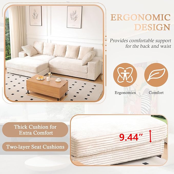 108.6 Corduroy Modular Sectional Sofa with Ottoman &amp Storage Modern Deep-Seat L-Shaped Sectional with 8 Pillows Cloud-Like Couch for Living Room Office &amp Apartment Beige