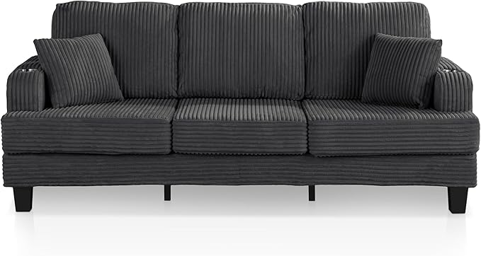 Homes: Inside + Out Reese Modern Plush Chenille Couch with Side Pockets Cup Holders and USB Ports Wooden Comfortable Sofa for Living Room Bedroom and Office Dark Grey